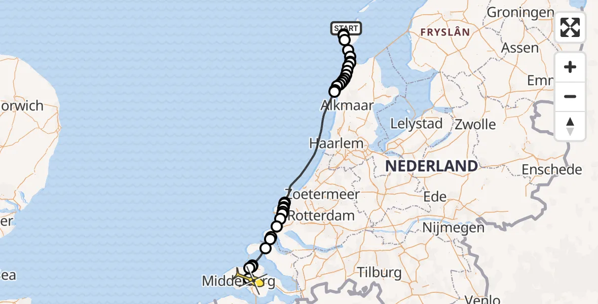 Routekaart van de vlucht: Politieheli naar Vliegveld Midden-Zeeland, Calandweg