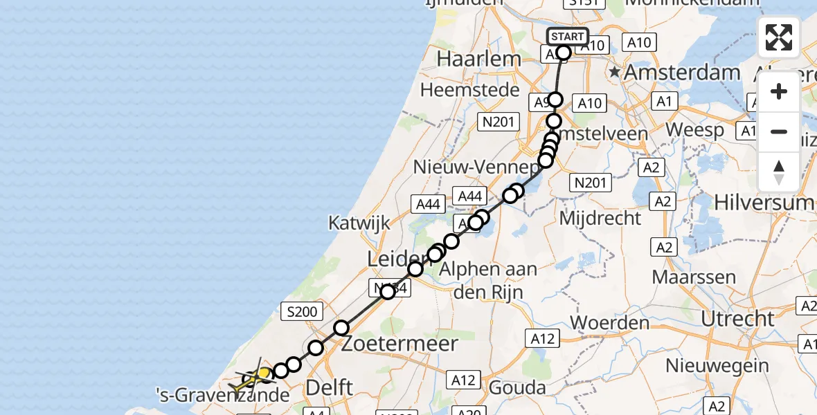 Routekaart van de vlucht: Lifeliner 1 naar Honselersdijk, Nieuw-Zeelandweg