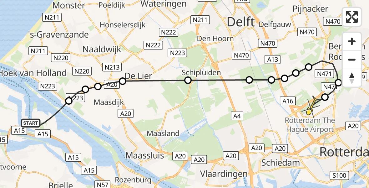 Routekaart van de vlucht: Kustwachthelikopter naar Rotterdam The Hague Airport, Rijndwarsweg