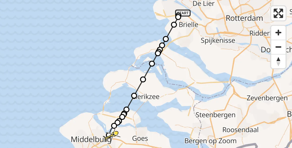 Routekaart van de vlucht: Kustwachthelikopter naar Vliegveld Midden-Zeeland, Dintelweg