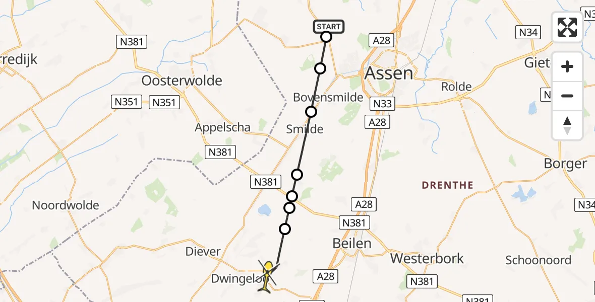 Routekaart van de vlucht: Lifeliner 4 naar Dwingeloo, Asserstraat