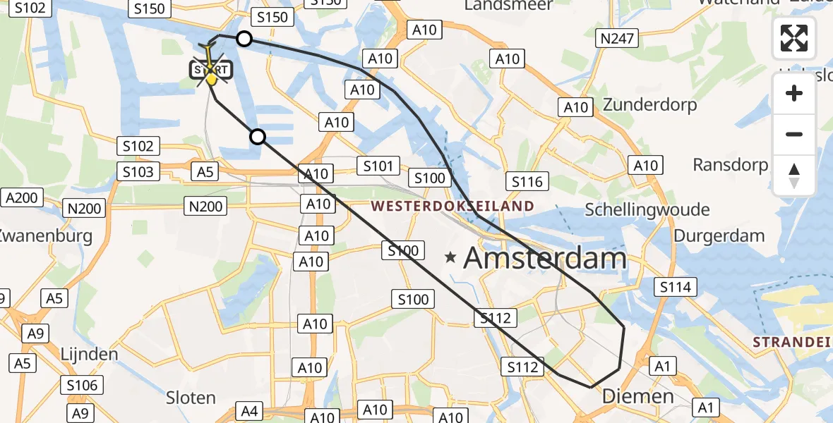 Routekaart van de vlucht: Lifeliner 1 naar Amsterdam Heliport, Corsicaweg