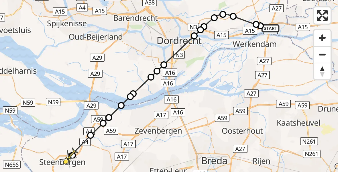 Routekaart van de vlucht: Lifeliner 2 naar Steenbergen, Dinteloordseweg