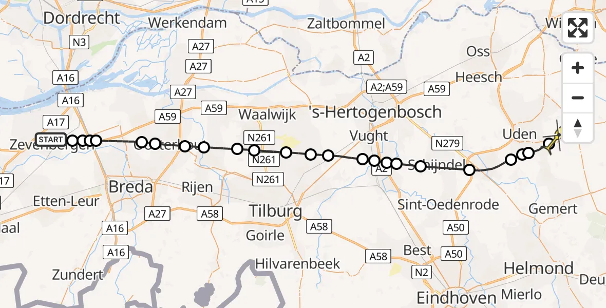Routekaart van de vlucht: Lifeliner 3 naar Vliegbasis Volkel, Zeelandsedijk