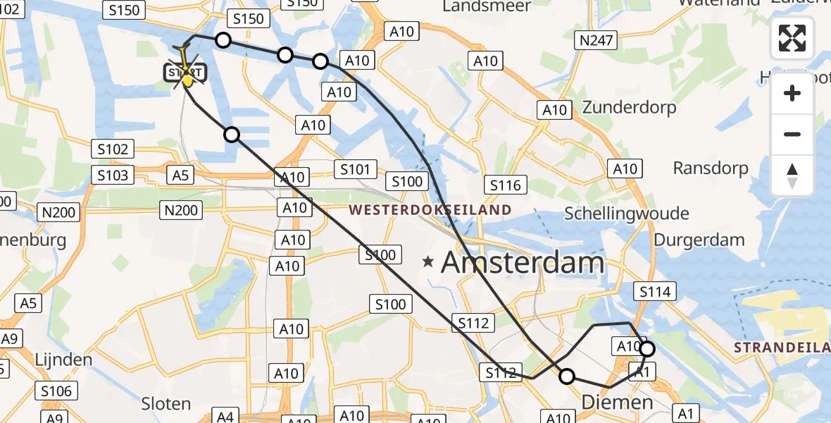 Routekaart van de vlucht: Lifeliner 1 naar Amsterdam Heliport, Capriweg