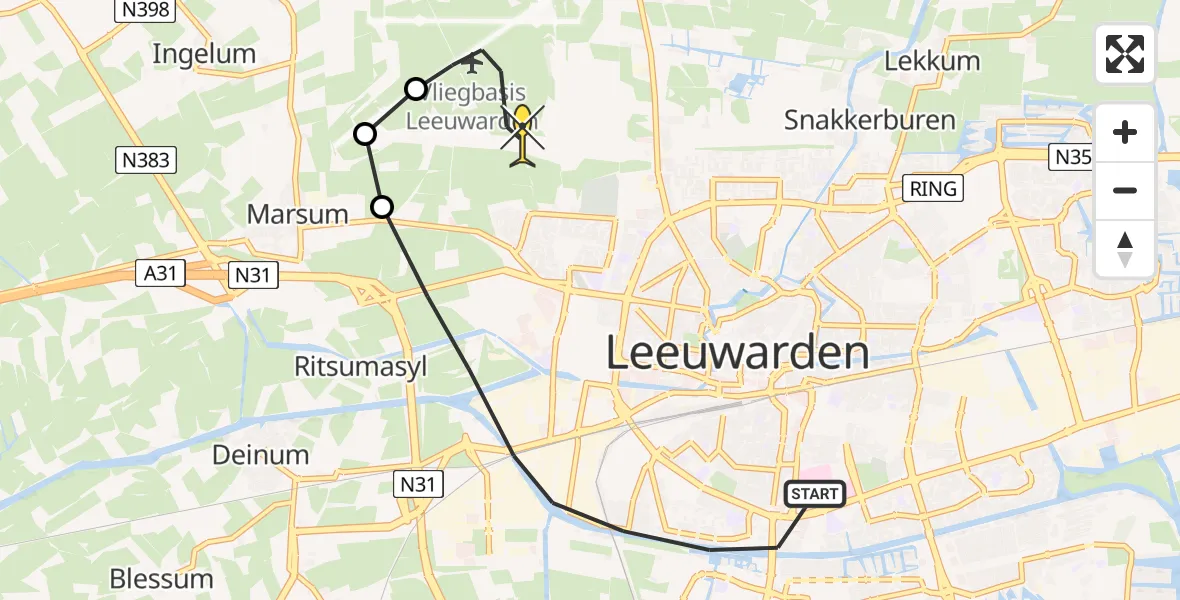 Routekaart van de vlucht: Ambulancehelikopter naar Vliegbasis Leeuwarden, Keegsdijkje
