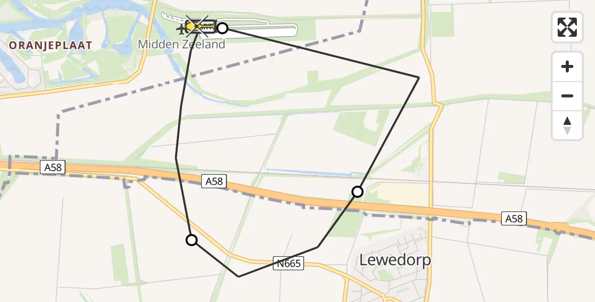 Routekaart van de vlucht: Kustwachthelikopter naar Vliegveld Midden-Zeeland, Calandweg