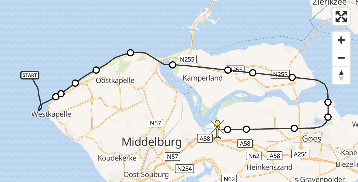 Routekaart van de vlucht: Kustwachthelikopter naar Vliegveld Midden-Zeeland, Calandweg
