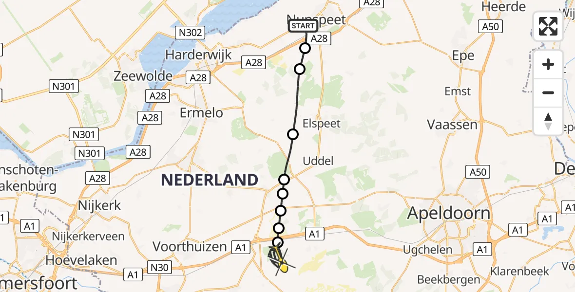 Routekaart van de vlucht: Politiehelikopter naar Kootwijk, Bosbergerweg