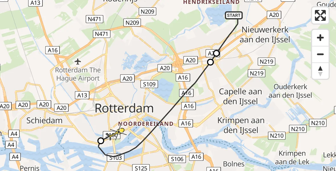 Routekaart van de vlucht: Lifeliner 2 naar Erasmus MC, Westzeedijk