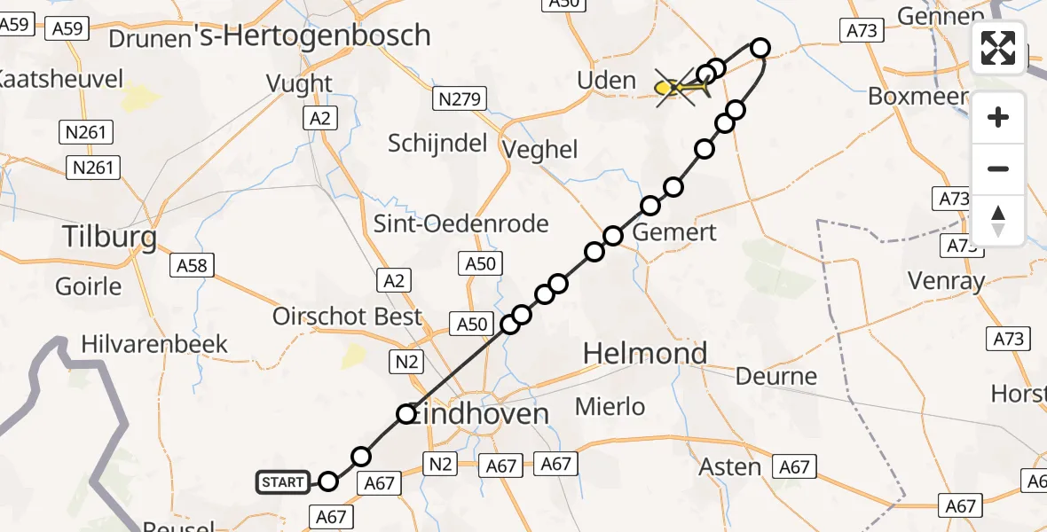 Routekaart van de vlucht: Lifeliner 3 naar Vliegbasis Volkel, Zeelandsedijk