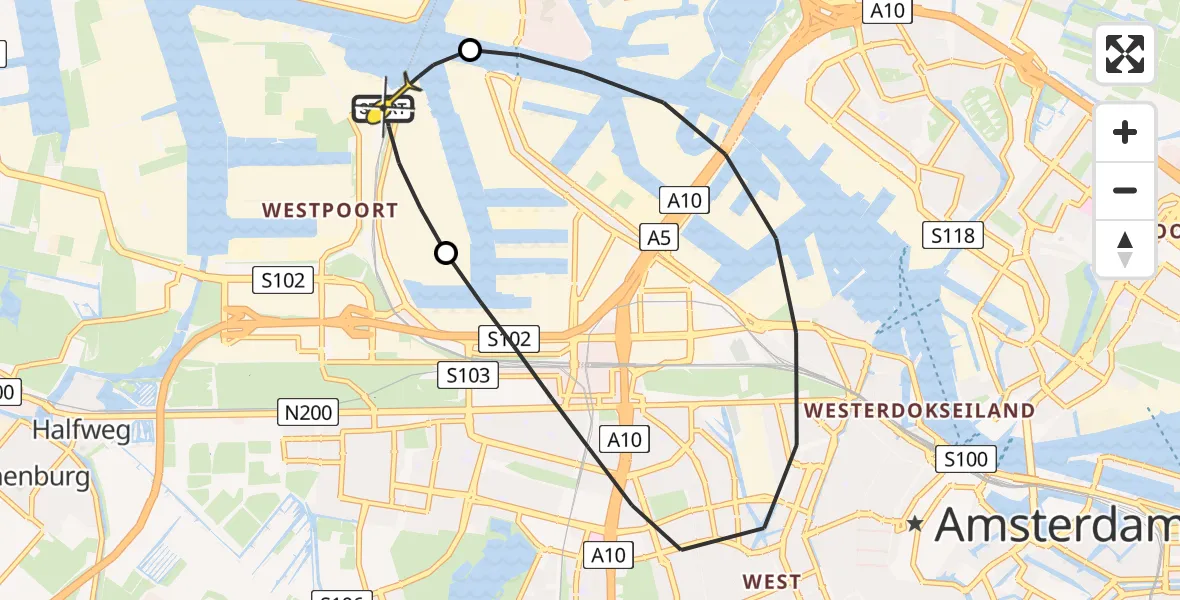 Routekaart van de vlucht: Lifeliner 1 naar Amsterdam Heliport, Capriweg