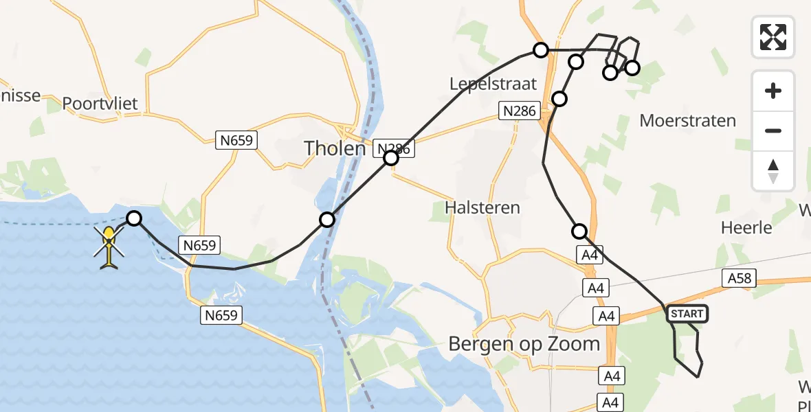 Routekaart van de vlucht: Kustwachthelikopter naar Poortvliet, Tholense Gat