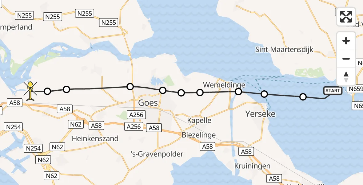 Routekaart van de vlucht: Kustwachthelikopter naar Vliegveld Midden-Zeeland, Calandweg