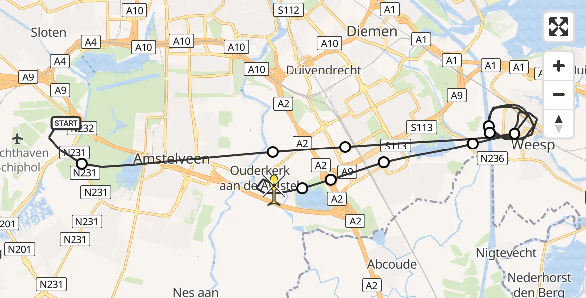 Routekaart van de vlucht: Politieheli naar Ouderkerk aan de Amstel, Smient