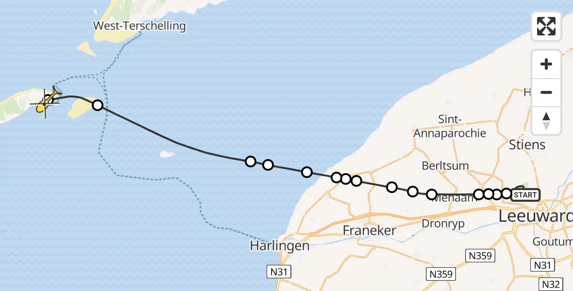 Routekaart van de vlucht: Ambulancehelikopter naar Vlieland Heliport, Havenweg