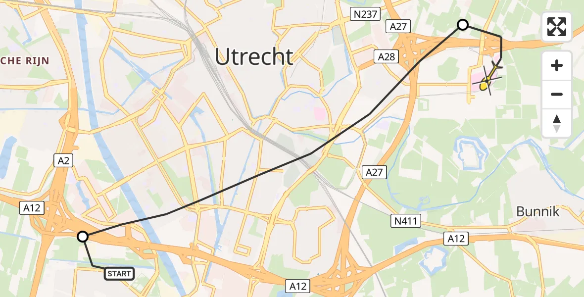 Routekaart van de vlucht: Lifeliner 1 naar Universitair Medisch Centrum Utrecht, UMC Ambulancetunnel