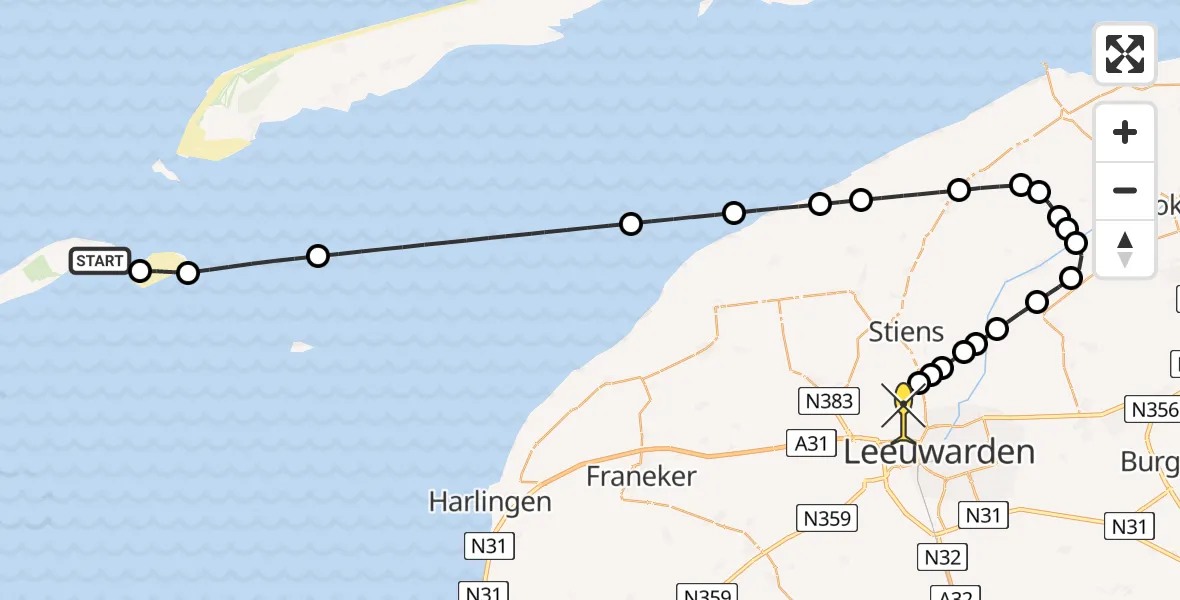 Routekaart van de vlucht: Ambulancehelikopter naar Vliegbasis Leeuwarden, Keegsdijkje