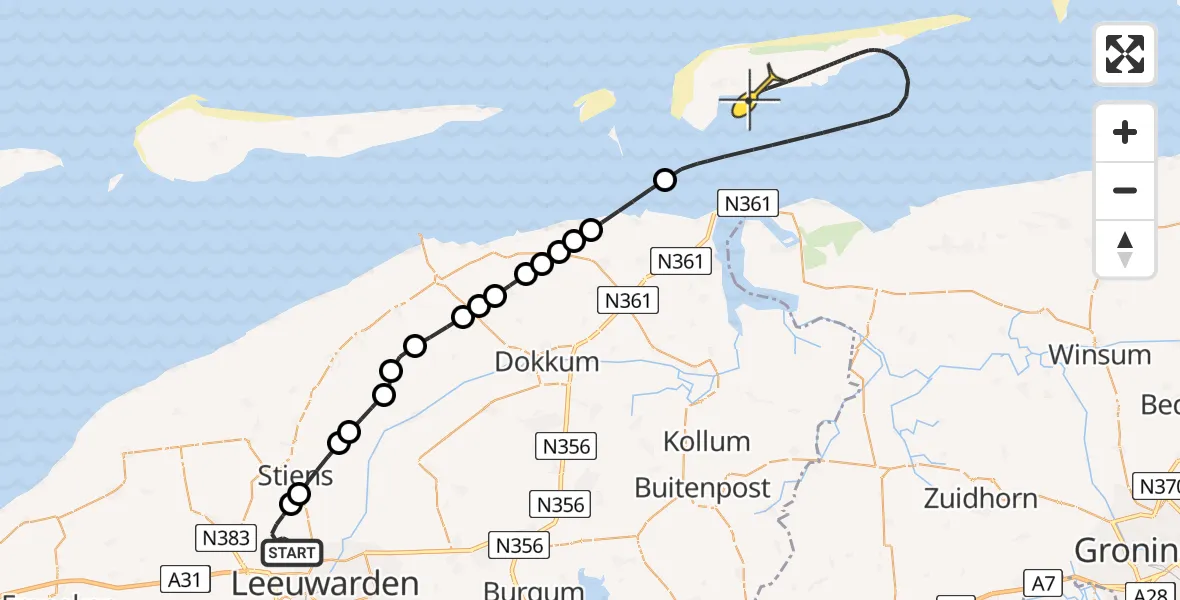 Routekaart van de vlucht: Ambulancehelikopter naar Schiermonnikoog, Veerweg