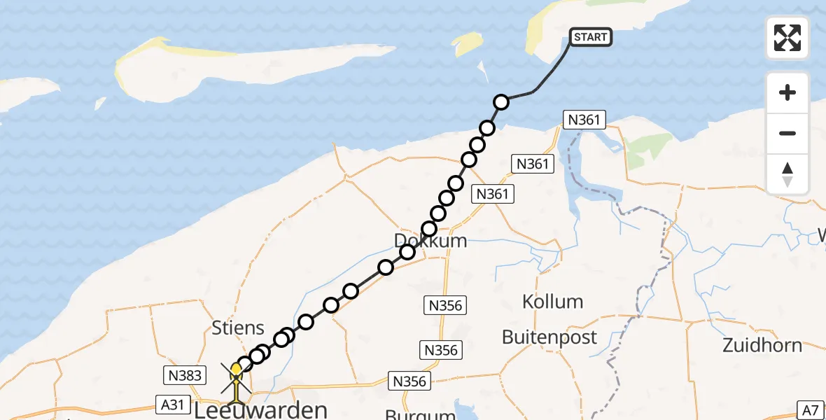Routekaart van de vlucht: Ambulancehelikopter naar Vliegbasis Leeuwarden, Keegsdijkje