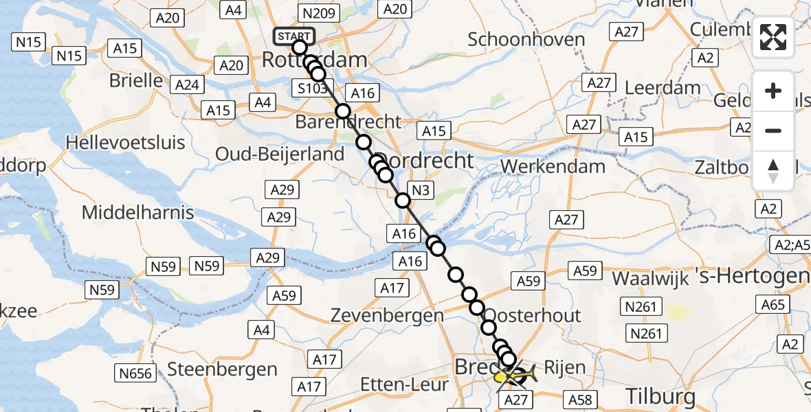 Routekaart van de vlucht: Lifeliner 2 naar Breda, Gilzewouwerbeek