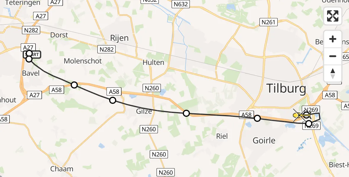 Routekaart van de vlucht: Lifeliner 2 naar Tilburg, Leijweg