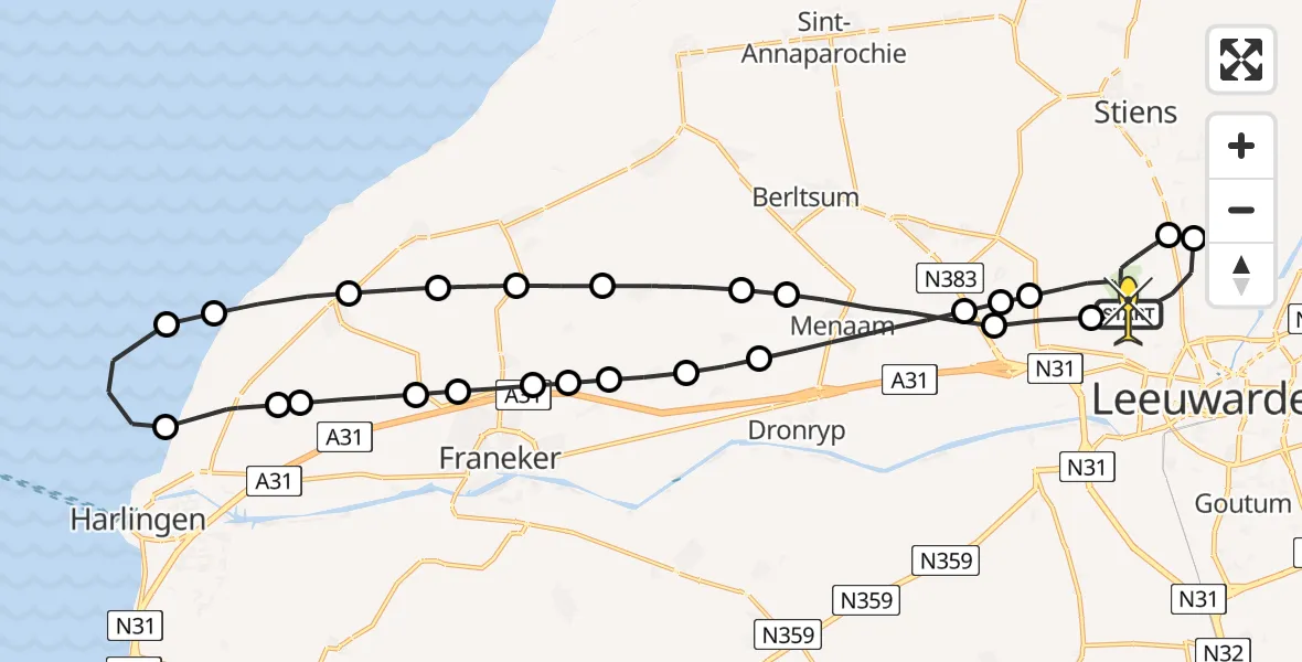 Routekaart van de vlucht: Ambulancehelikopter naar Vliegbasis Leeuwarden, Keegsdijkje