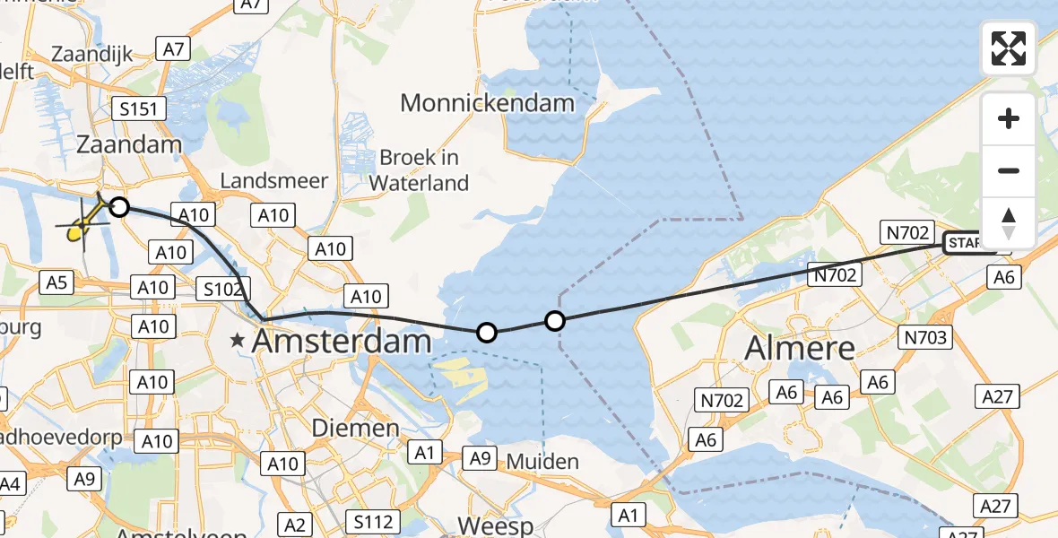 Routekaart van de vlucht: Lifeliner 1 naar Amsterdam Heliport, Capriweg