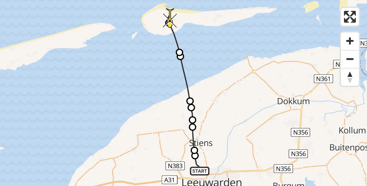 Routekaart van de vlucht: Ambulancehelikopter naar Ameland Airport Ballum, Strandweg