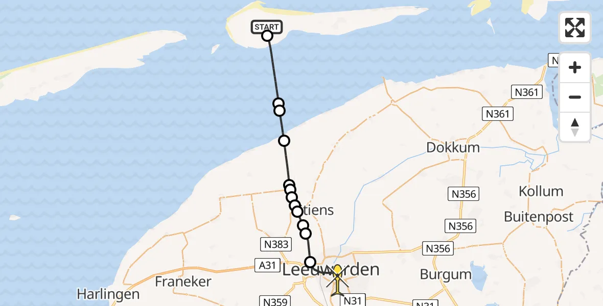 Routekaart van de vlucht: Ambulanceheli naar Leeuwarden, Aldlânsdyk