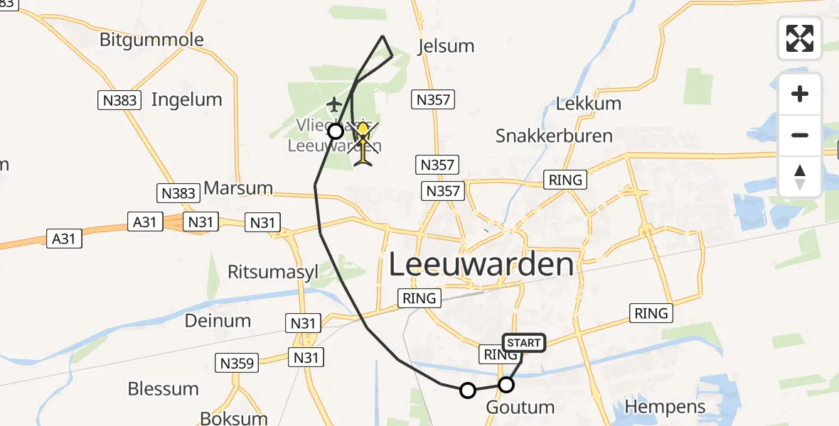 Routekaart van de vlucht: Ambulancehelikopter naar Vliegbasis Leeuwarden, Keegsdijkje