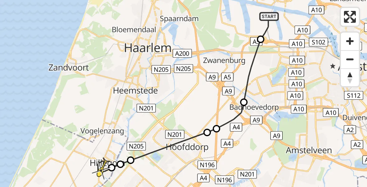 Routekaart van de vlucht: Lifeliner 1 naar Hillegom, Olympiaweg