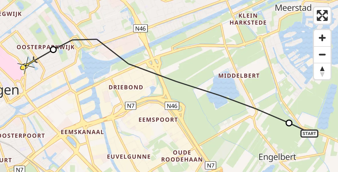 Routekaart van de vlucht: Lifeliner 4 naar Universitair Medisch Centrum Groningen, Gerbrand Bakkerstraat