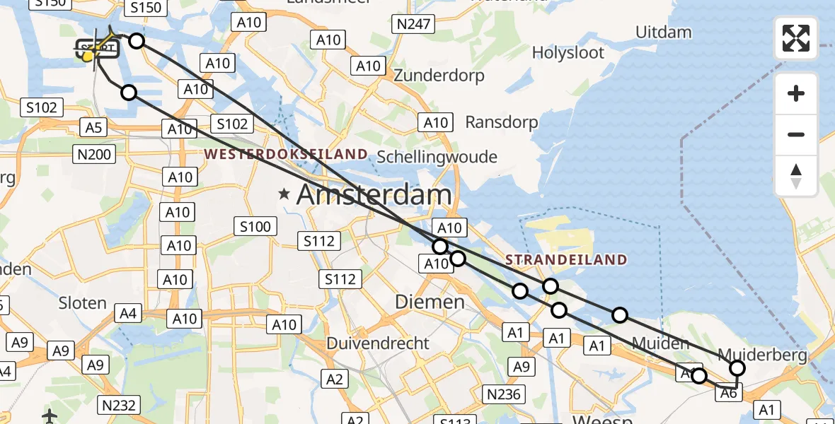 Routekaart van de vlucht: Lifeliner 1 naar Amsterdam Heliport, Capriweg