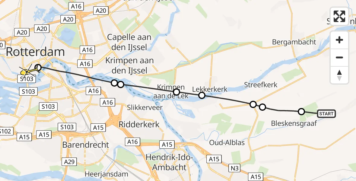 Routekaart van de vlucht: Lifeliner 2 naar Erasmus MC, Westzeedijk