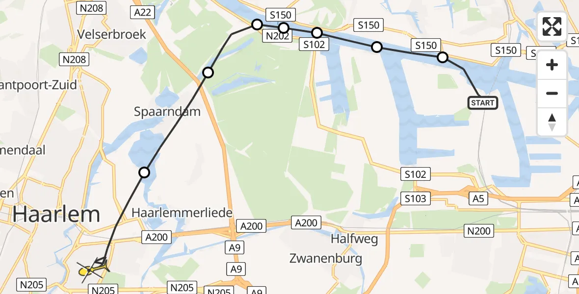 Routekaart van de vlucht: Lifeliner 1 naar Haarlem, Bernard Zweersstraat