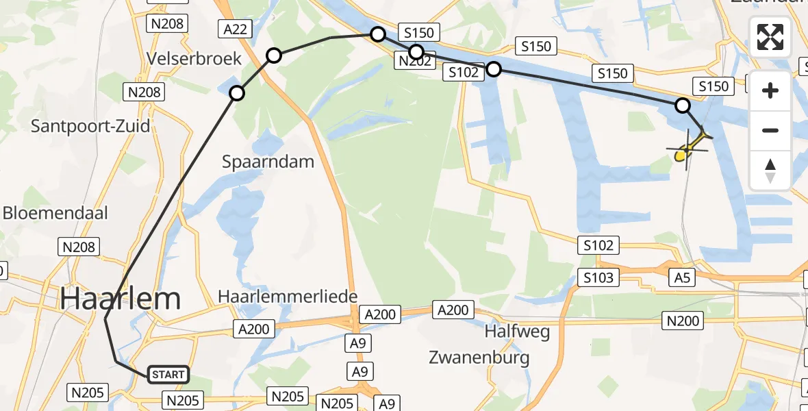Routekaart van de vlucht: Lifeliner 1 naar Amsterdam Heliport, Capriweg