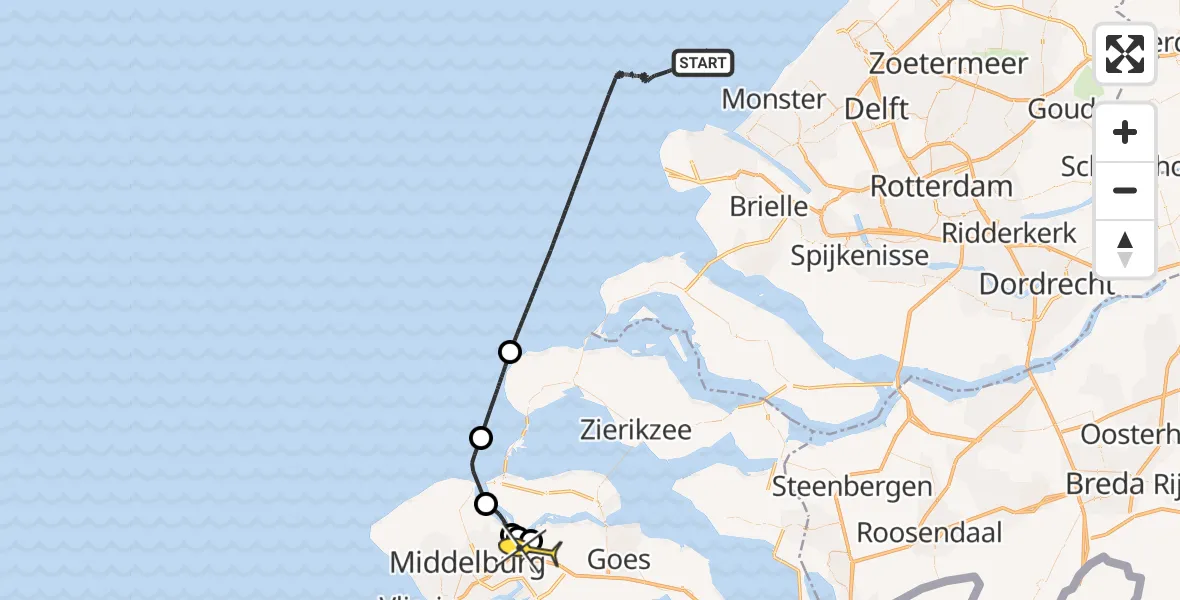 Routekaart van de vlucht: Kustwachthelikopter naar Vliegveld Midden-Zeeland, Calandweg