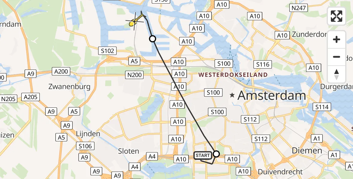 Routekaart van de vlucht: Lifeliner 1 naar Amsterdam Heliport, Hornweg