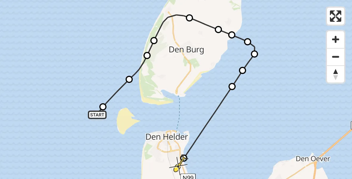 Routekaart van de vlucht: Kustwachthelikopter naar Vliegveld De Kooy, Doggersvaart