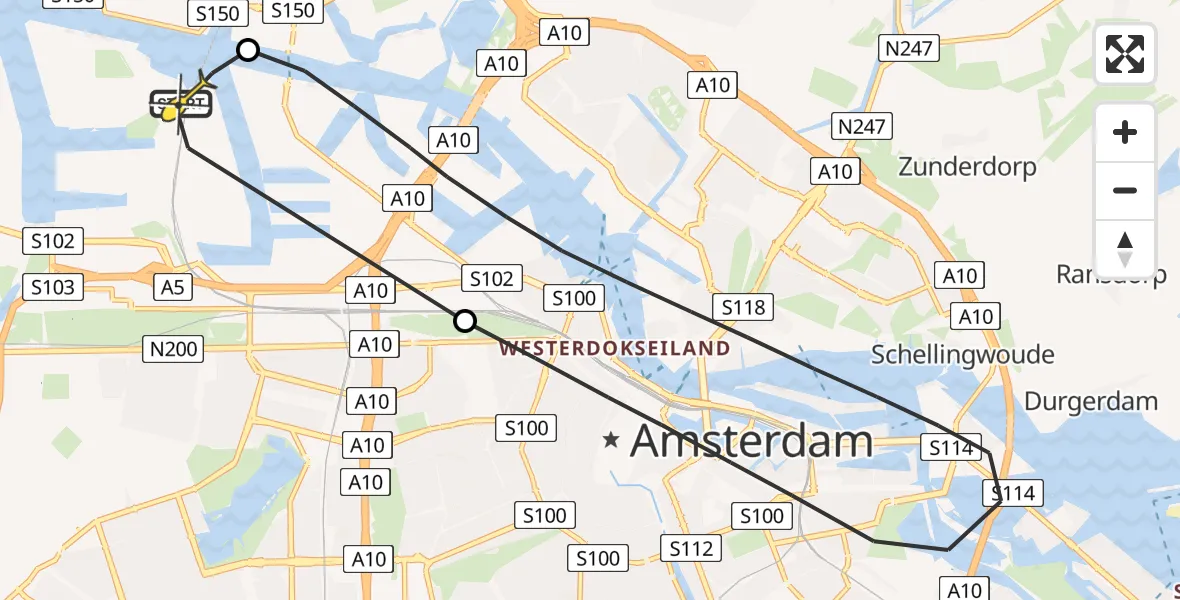 Routekaart van de vlucht: Lifeliner 1 naar Amsterdam Heliport, Capriweg