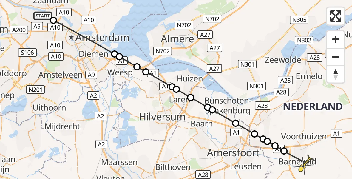 Routekaart van de vlucht: Lifeliner 1 naar Barneveld, Koolzaadveld