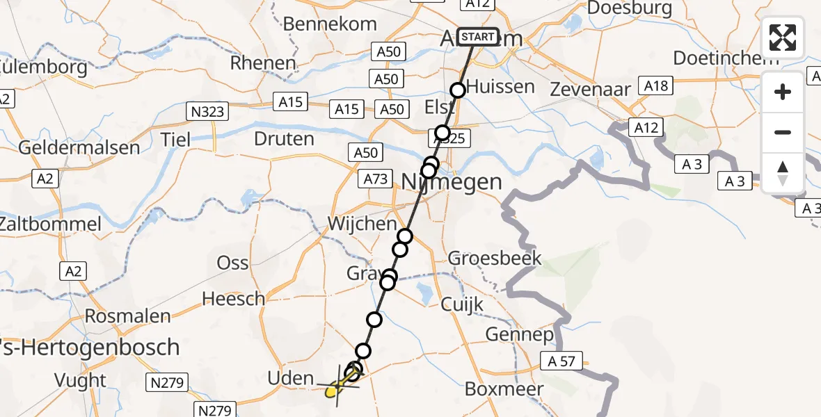 Routekaart van de vlucht: Lifeliner 3 naar Vliegbasis Volkel, Zeelandsedijk