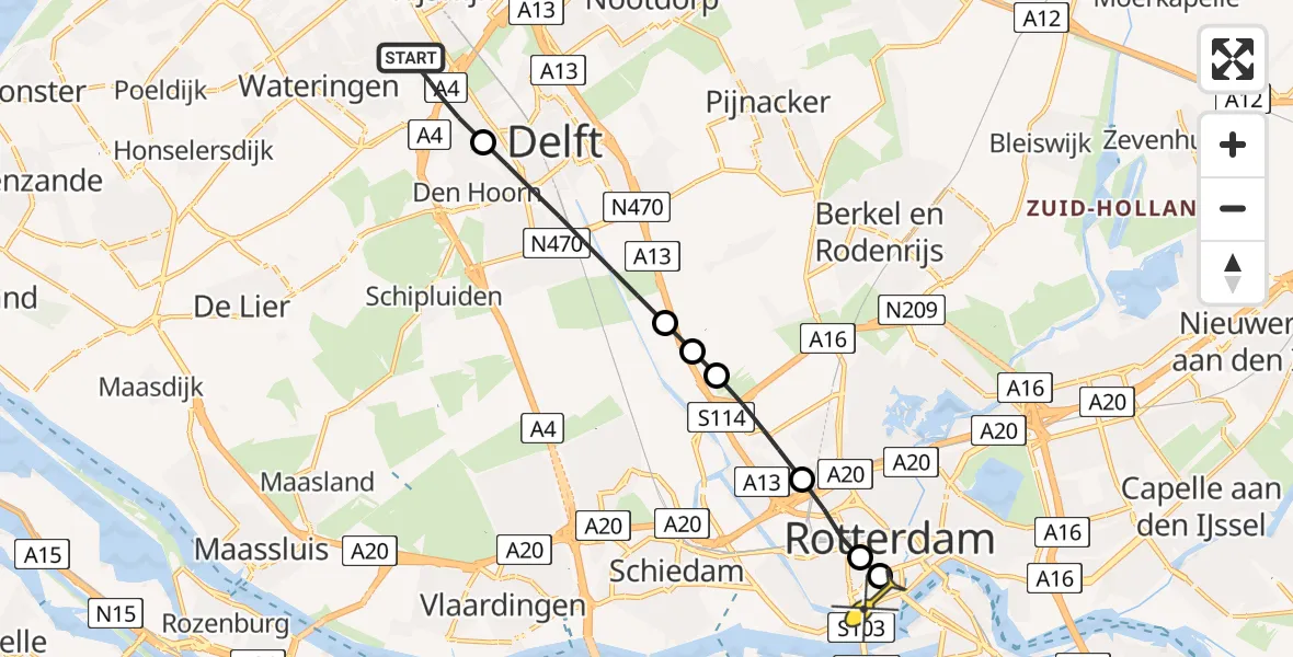 Routekaart van de vlucht: Lifeliner 2 naar Erasmus MC, Westzeedijk