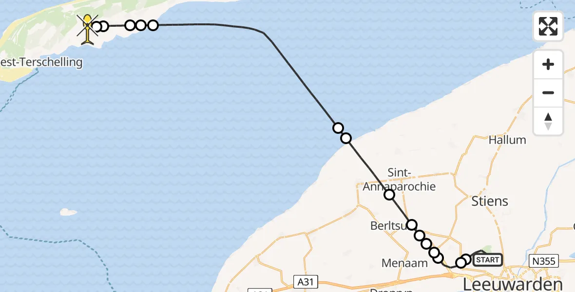 Routekaart van de vlucht: Ambulancehelikopter naar Midsland, Kallandspad
