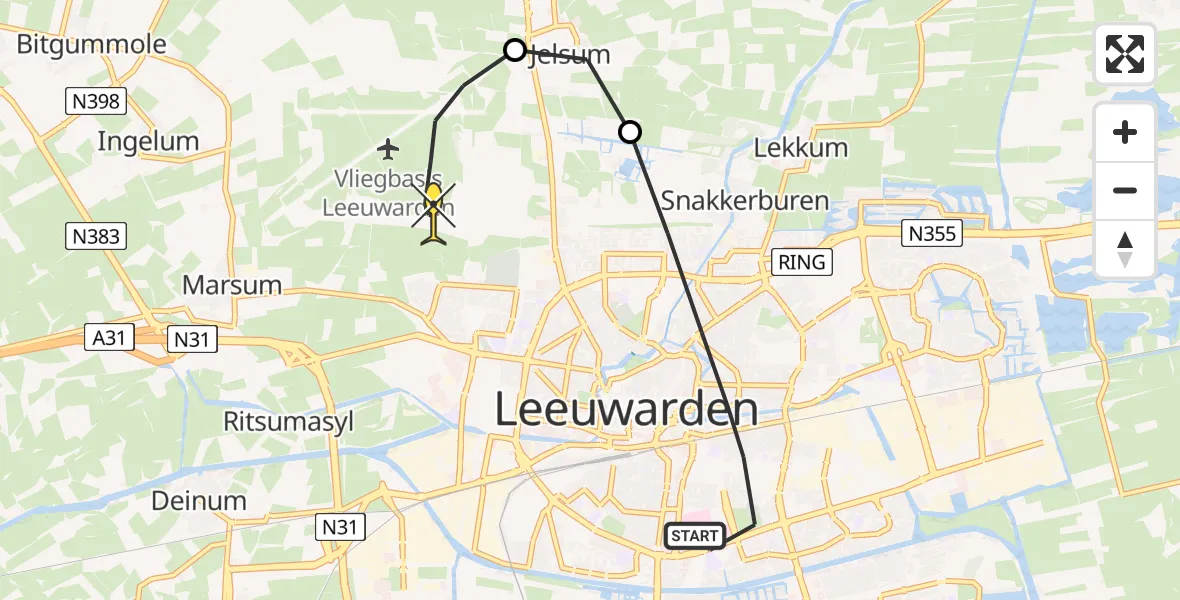 Routekaart van de vlucht: Ambulancehelikopter naar Vliegbasis Leeuwarden, Keegsdijkje