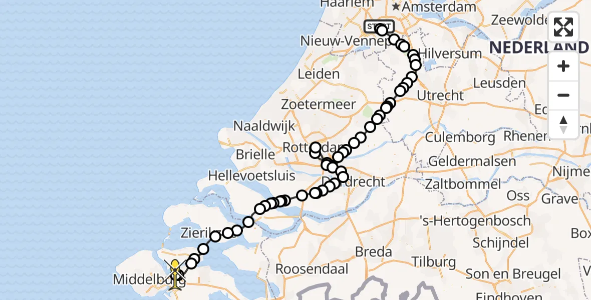 Routekaart van de vlucht: Politiehelikopter naar Vliegveld Midden-Zeeland, Calandweg