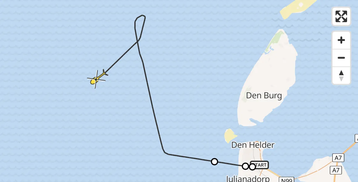 Routekaart van de vlucht: Kustwachthelikopter naar Kortevliet
