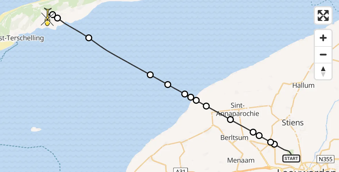 Routekaart van de vlucht: Ambulancehelikopter naar Midsland, Tuinenpad