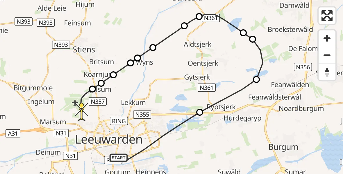 Routekaart van de vlucht: Ambulanceheli naar Vliegbasis Leeuwarden, Keegsdijkje